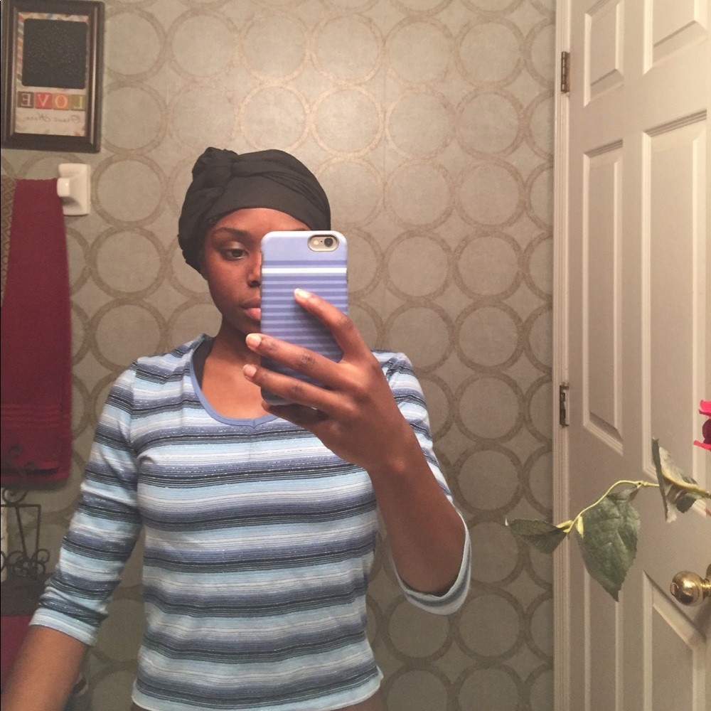 Black Blue and White Striped Mid-sleeve top